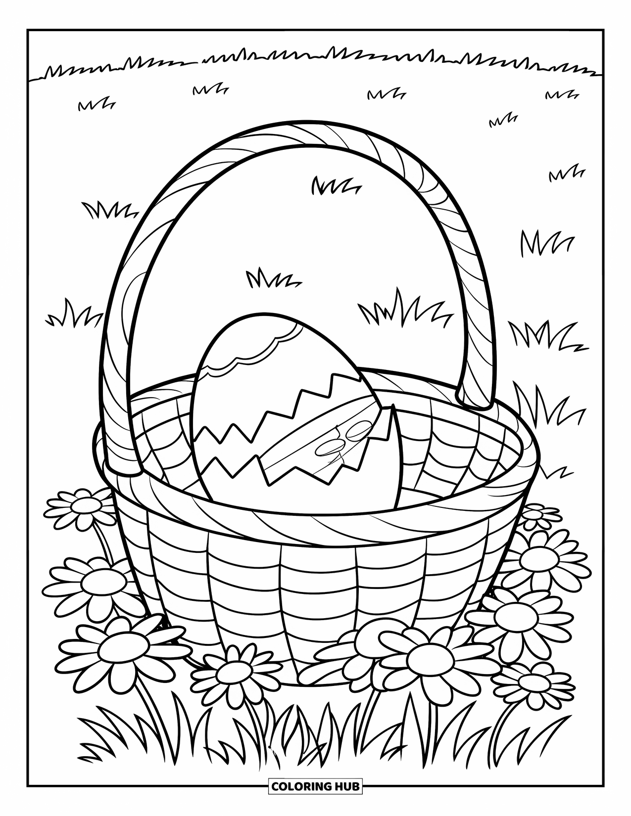 Easter Basket Coloring Page for Kids: A basket in daisies holds a cracked egg revealing a small surprise toy