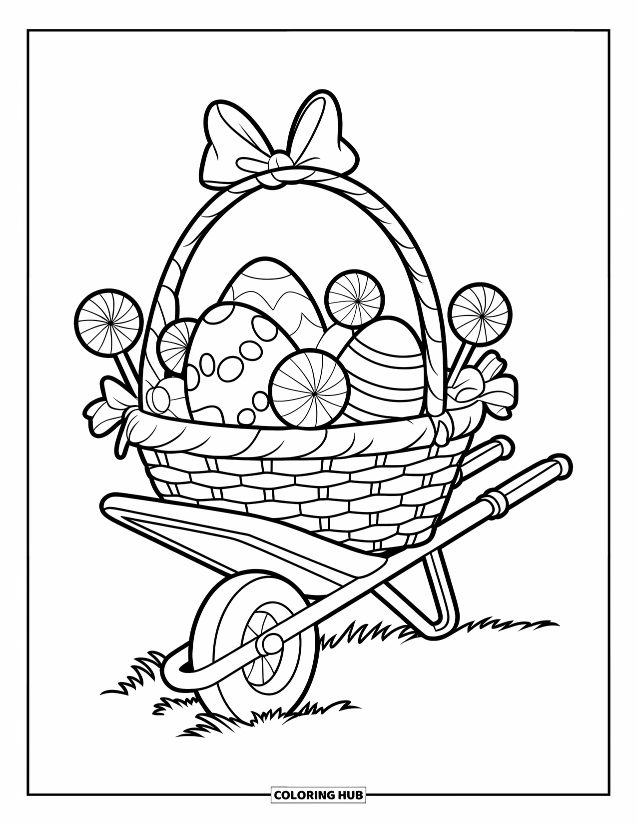 Easter Basket Coloring Page for Kids: A basket of candy swirls and eggs rests on a wheelbarrow by white space