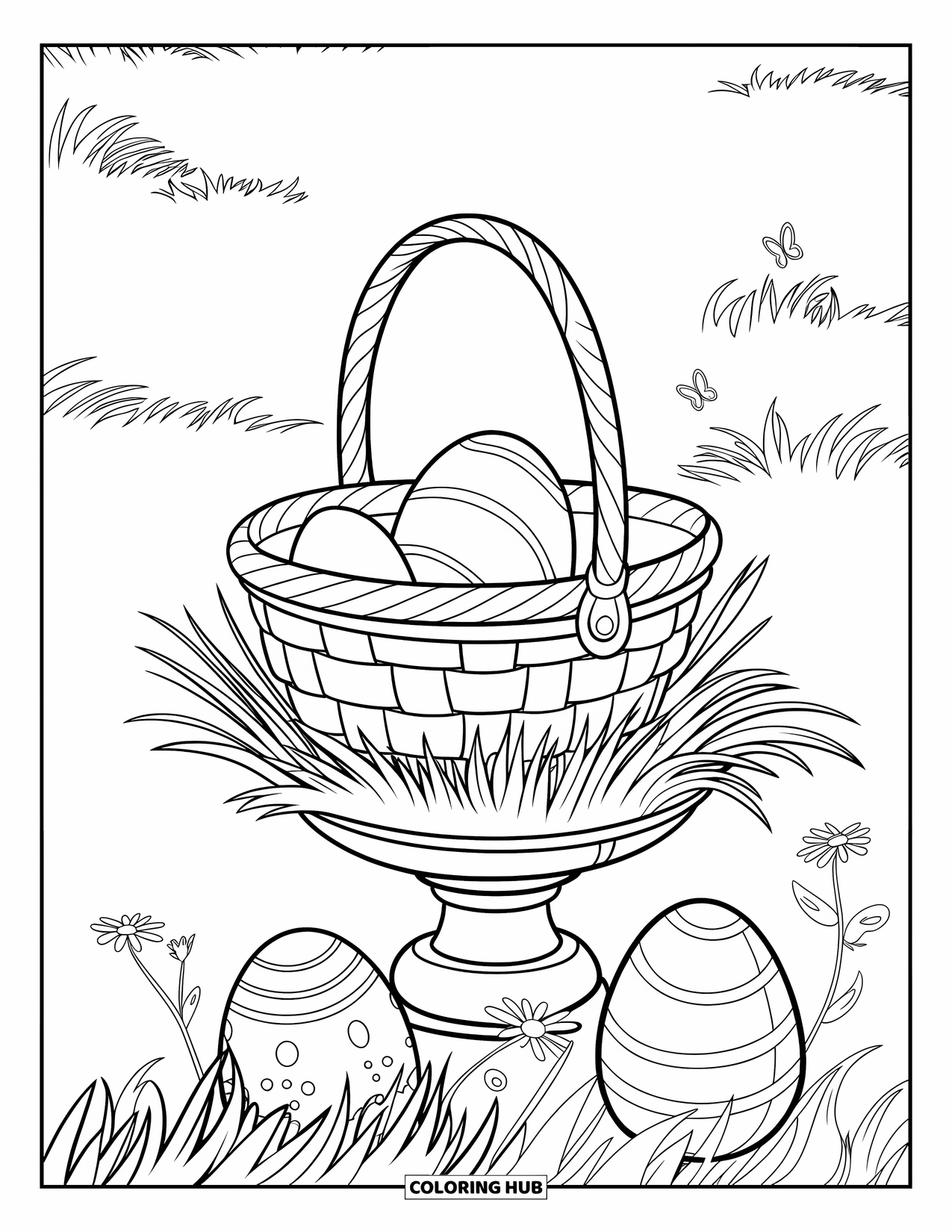 Easter Basket Coloring Page for Kids: A basket of eggs on grass is surrounded by flowers, butterflies, and hidden eggs