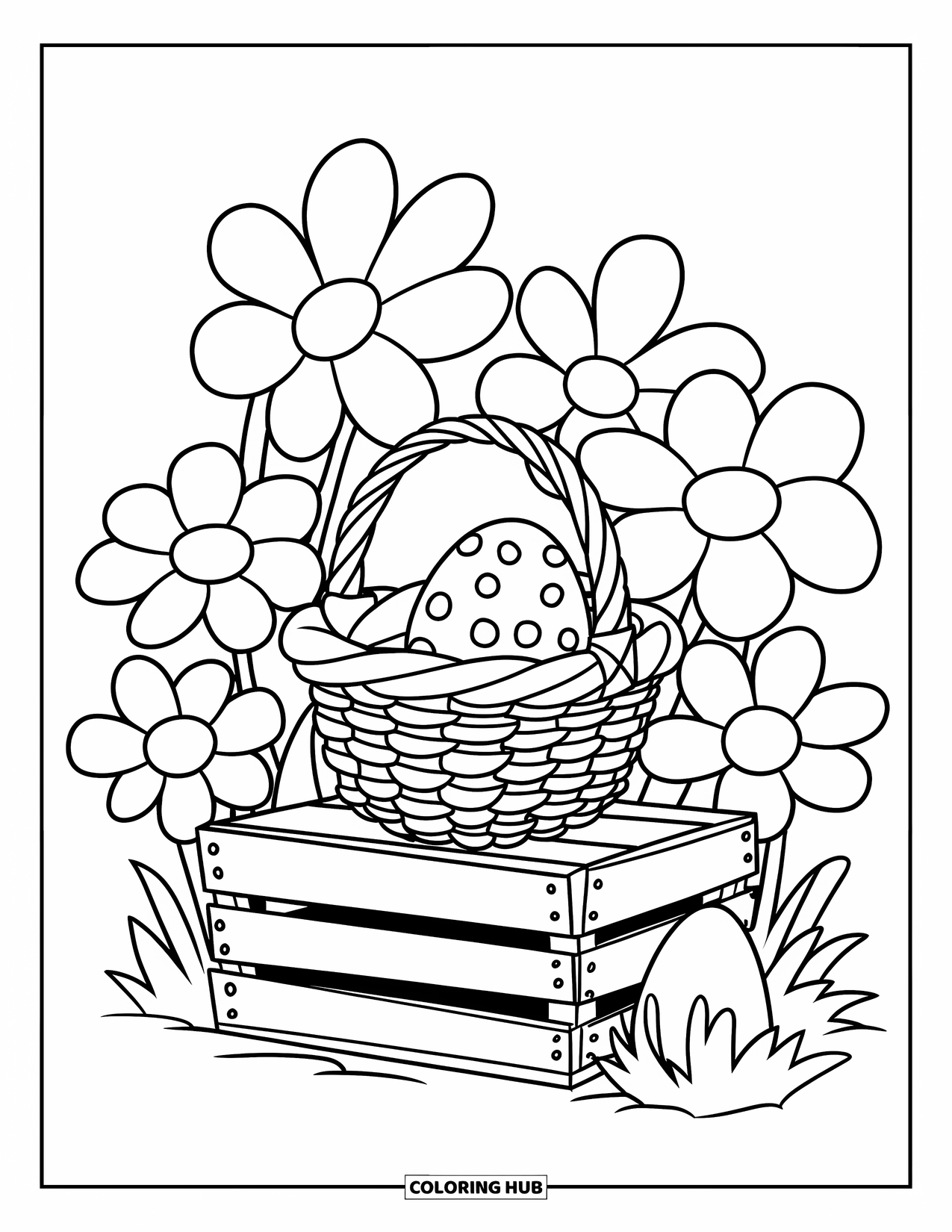 Easter Basket Coloring Page for Kids: A basket on a wooden crate is surrounded by big flowers and a spotted egg
