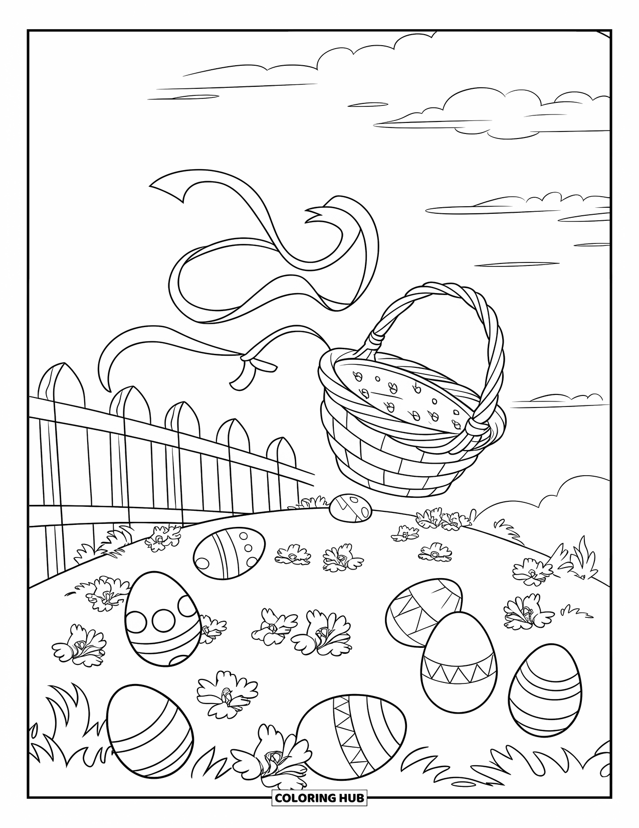 Easter Basket Coloring Page for Kids: A basket with ribbons sits on a breezy hilltop near a wooden fence