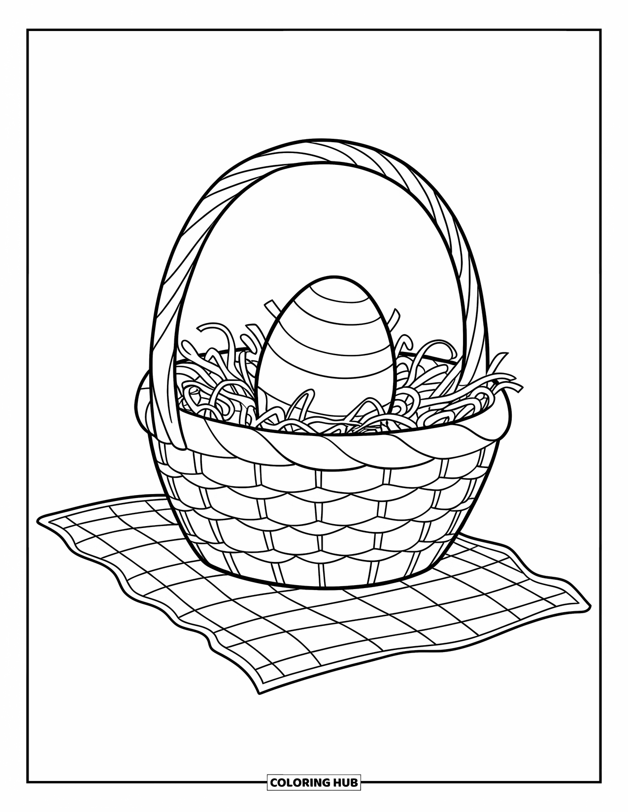 Easter Basket Coloring Page for Kids: A basket with shredded paper and one egg rests on a picnic cloth