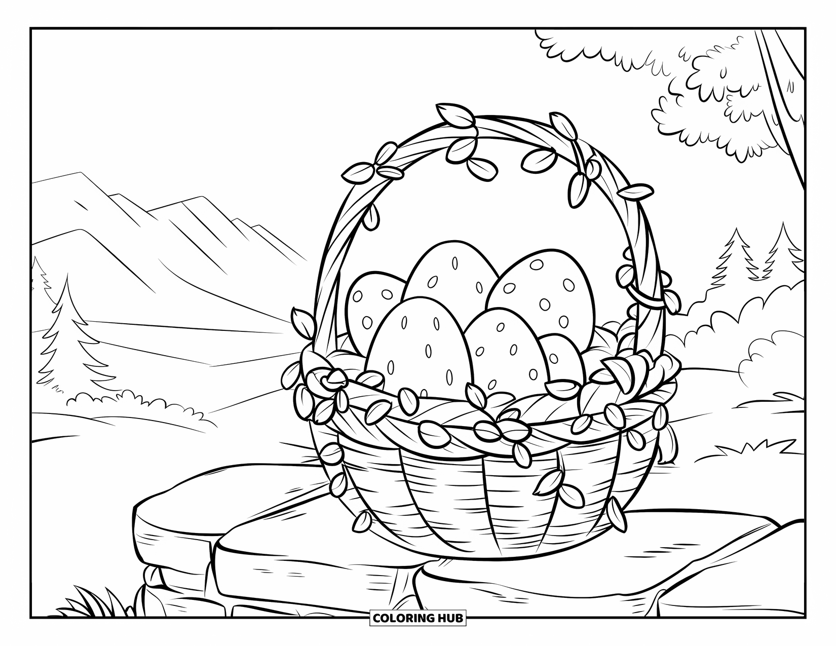 Easter Basket Coloring Page for Kids: A basket wrapped in vines holds glowing eggs against a stone wall