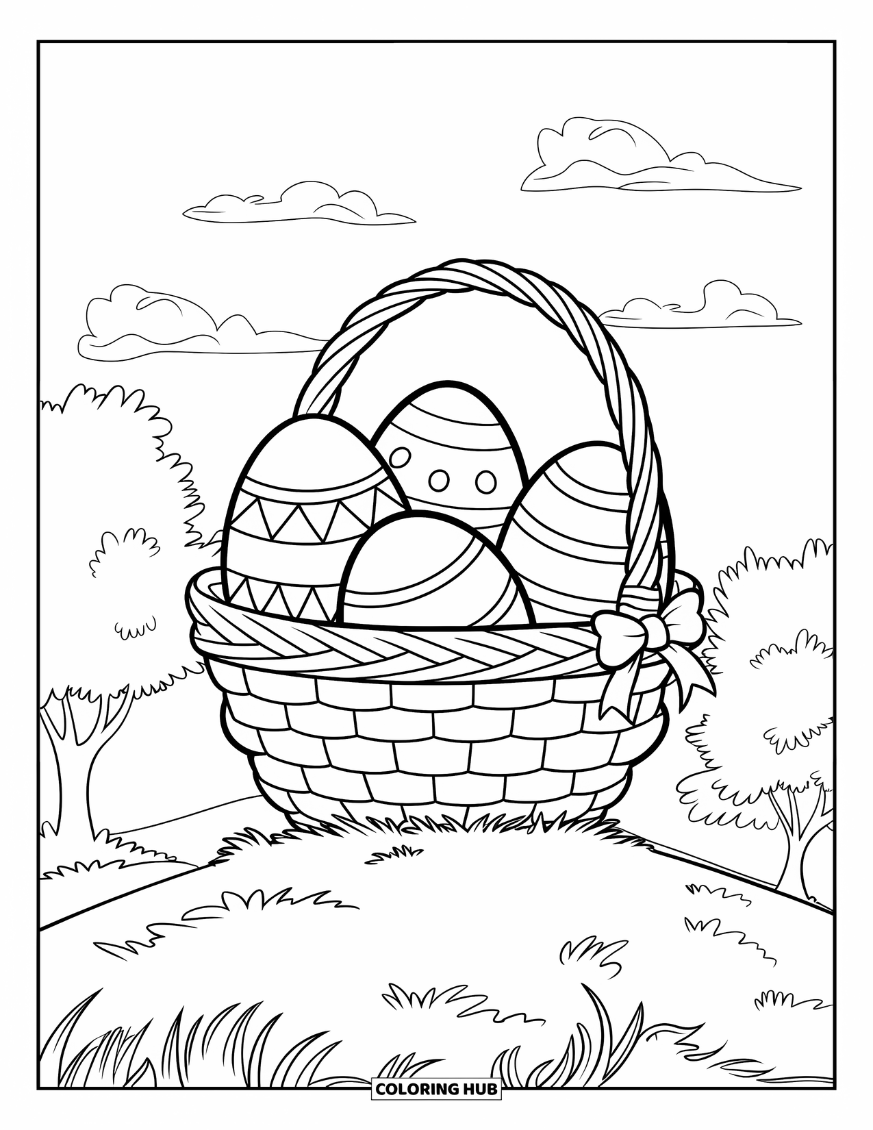 Easter Basket Coloring Page for Kids: A giant Easter basket with three big eggs and a ribbon rests under blue skies