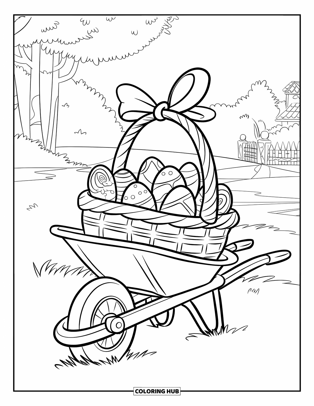 Easter Basket Coloring Page for Kids: A grassy field with a wheelbarrow carrying a basket of candy swirls and eggs