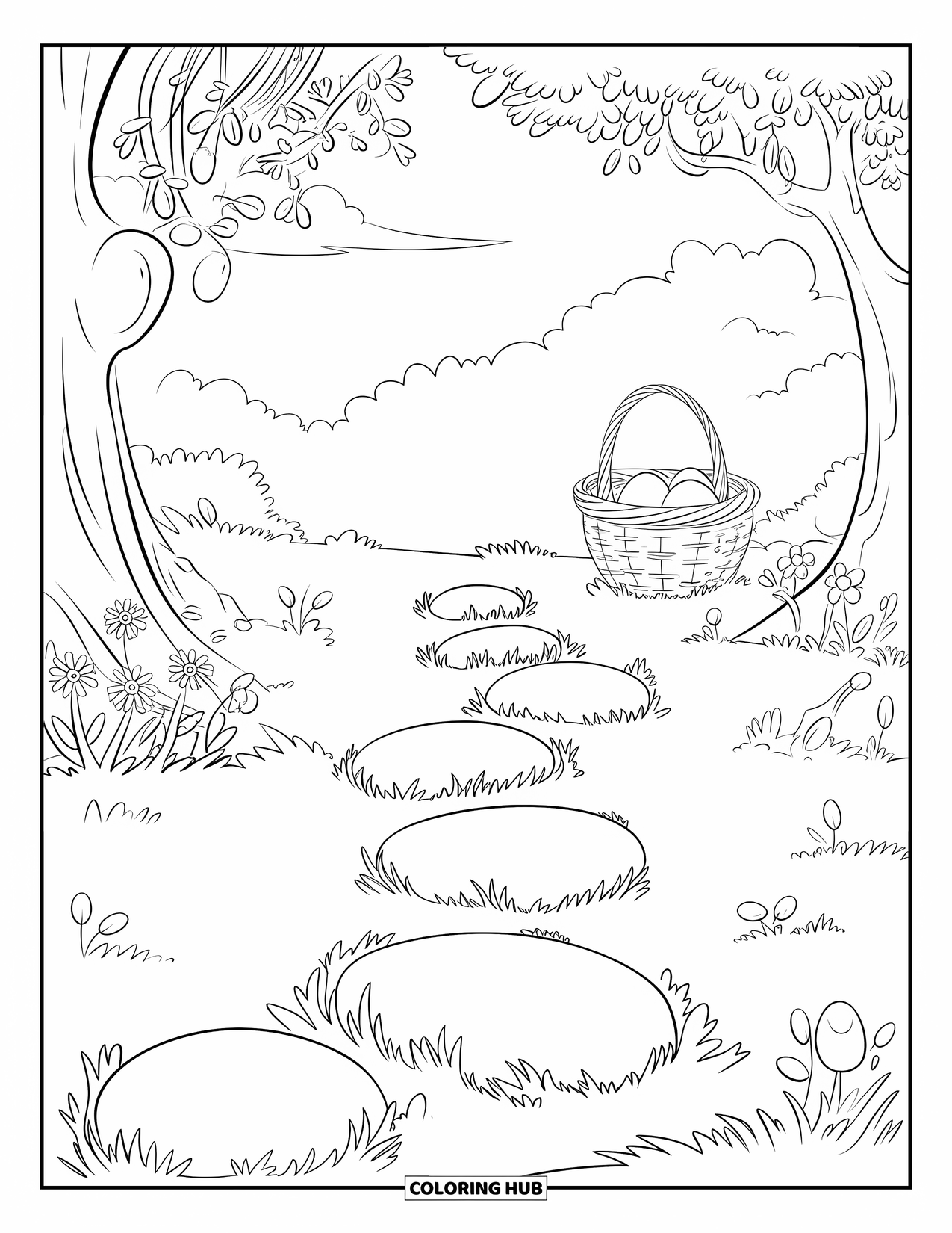 Easter Basket Coloring Page for Kids: A peaceful secret garden shows floating eggs leading to a hidden basket