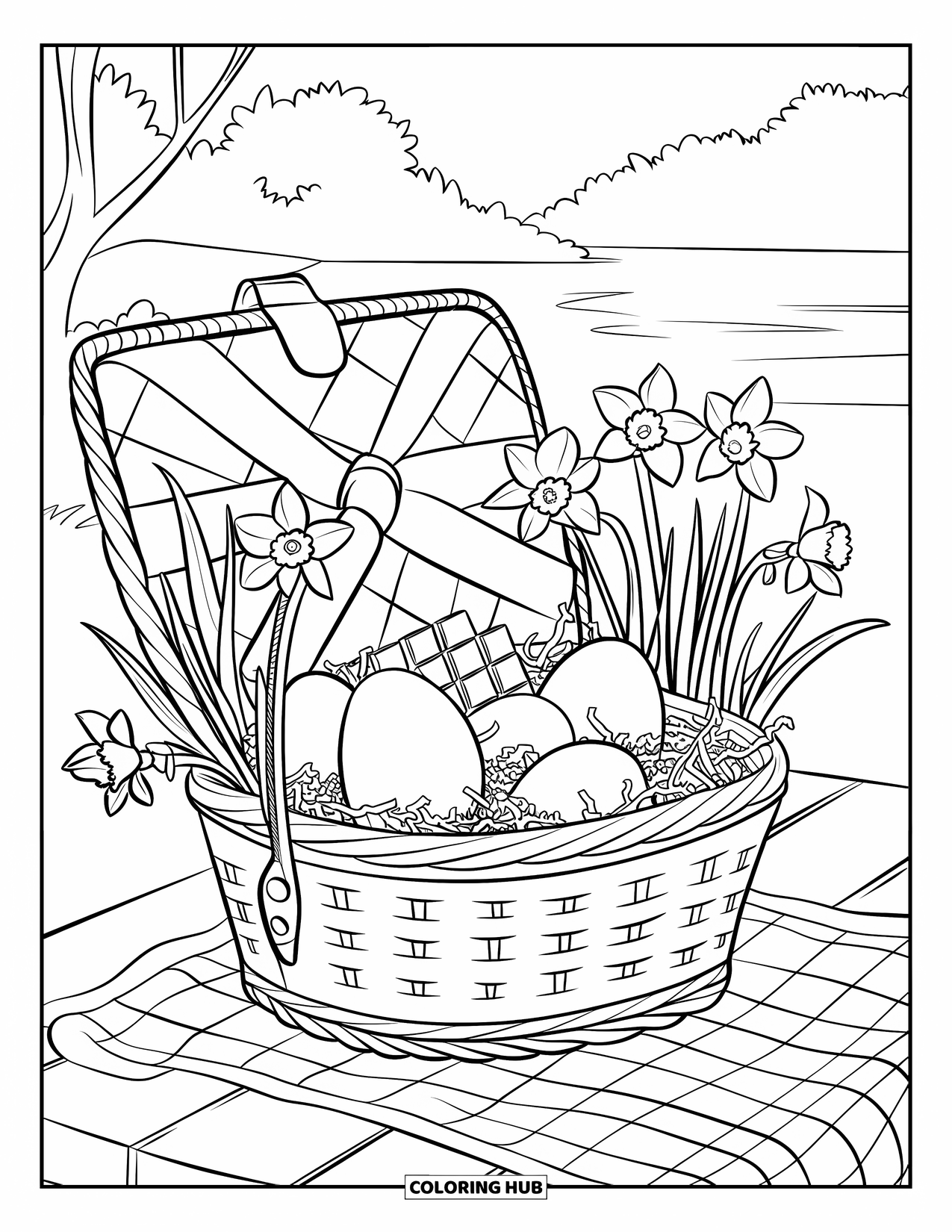 Easter Basket Coloring Page for Kids: A picnic basket filled with eggs, treats, and daffodils sits on a table