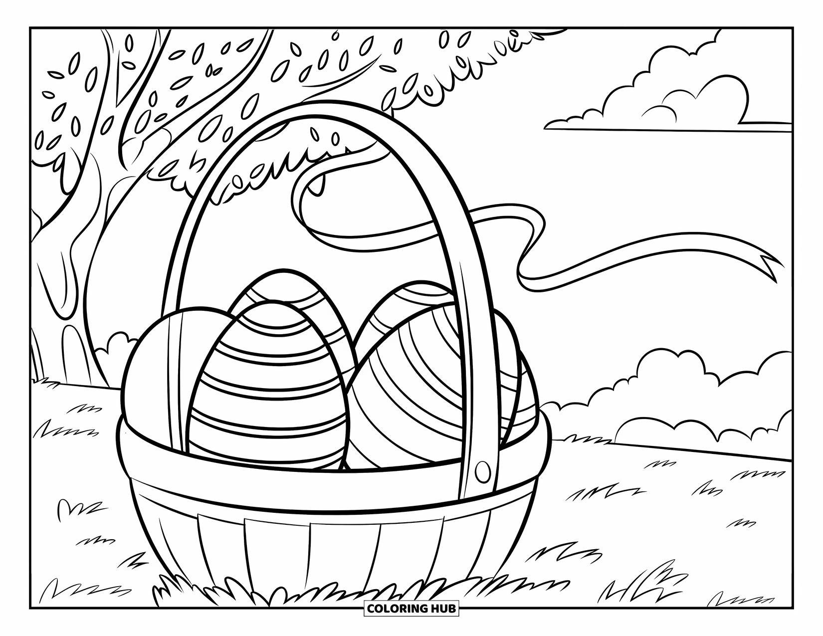 Easter Basket Coloring Page for Kids: A ribbon blows from a basket of eggs under a tree and cloudy sky