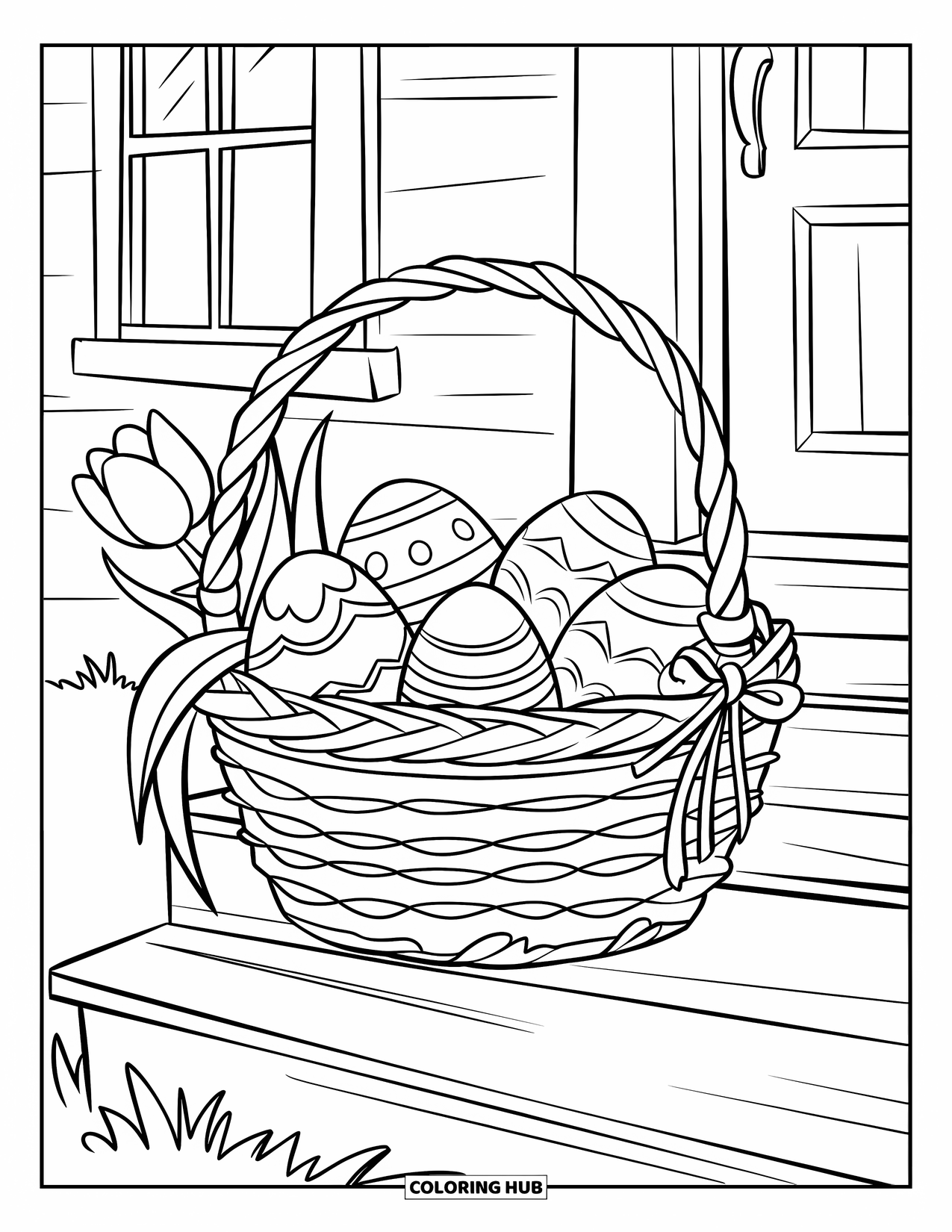 Easter Basket Coloring Page for Kids: A ribbon-tied Easter basket with eggs and a tulip sits on a wooden porch