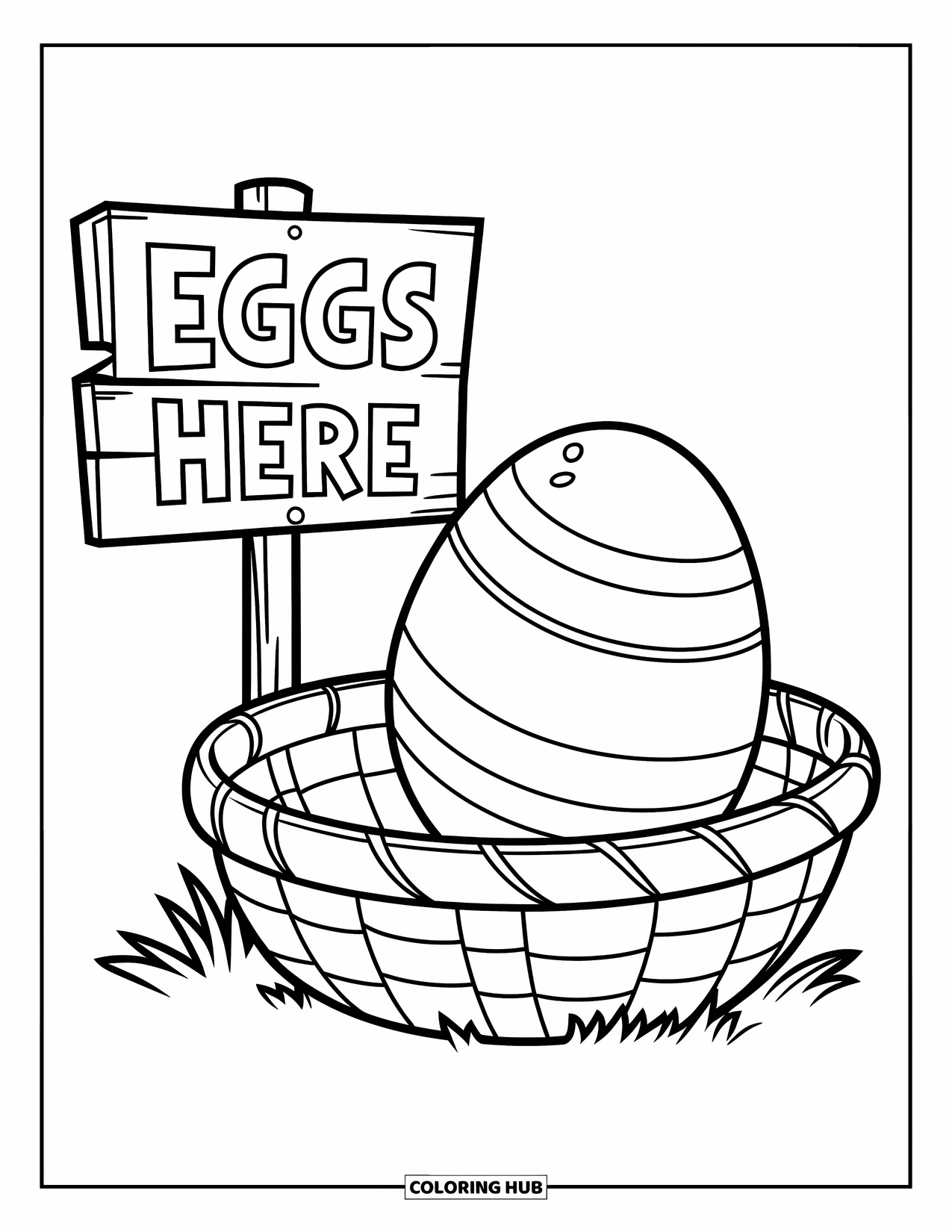 Easter Basket Coloring Page for Kids: A round basket with a striped egg sits next to an "Eggs Here" sign
