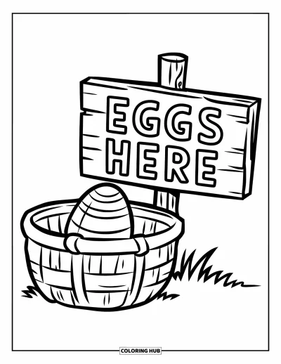 Omalovánka velikonočního košíku pro děti: Malý košík s pruhovaným vajíčkem stojí vedle dřevěné cedule s nápisem "Eggs Here"