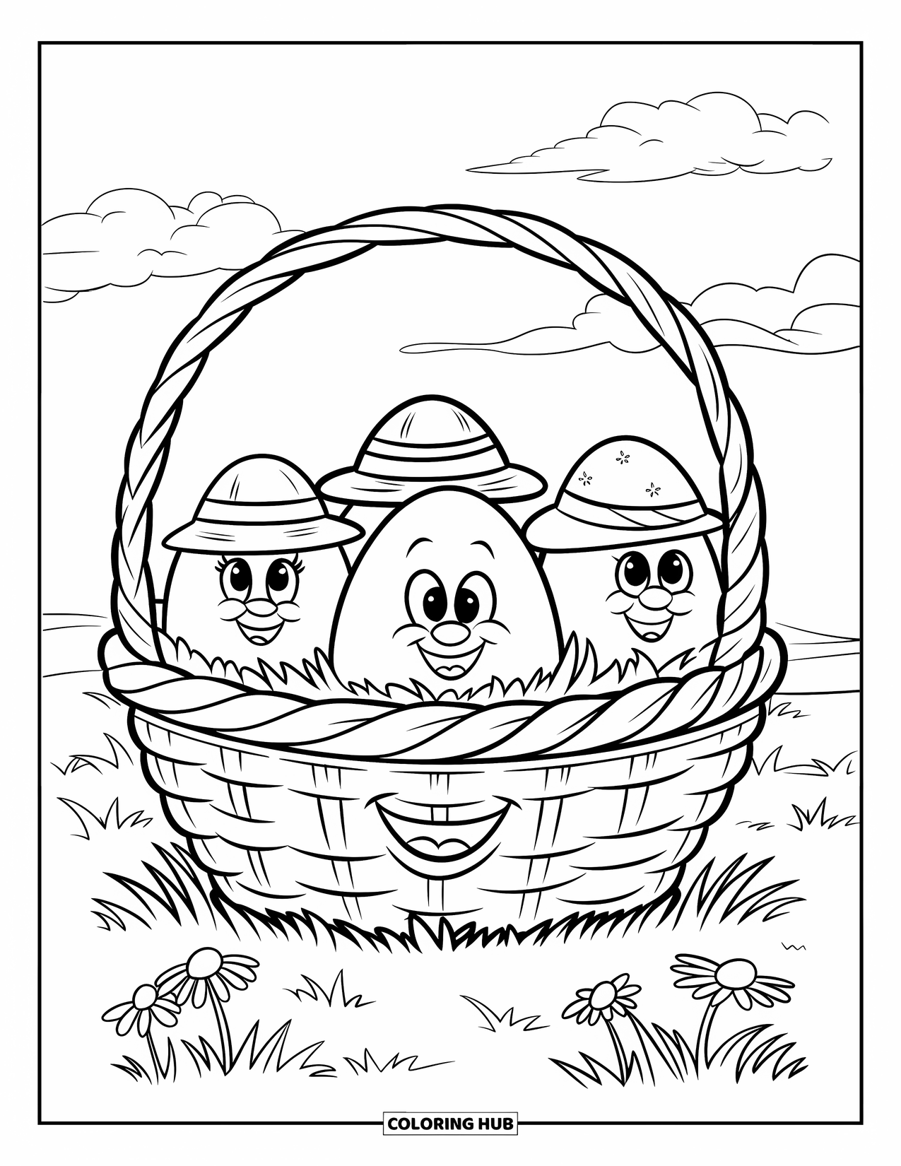 Easter Basket Coloring Page for Kids: A smiling basket holds three chunky eggs in hats surrounded by daisies