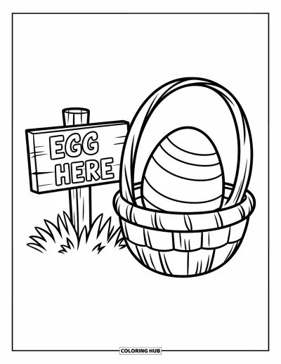 Omalovánka velikonočního košíku pro děti: Pruhované vajíčko leží v malém košíku vedle dřevěné cedule "Eggs Here"