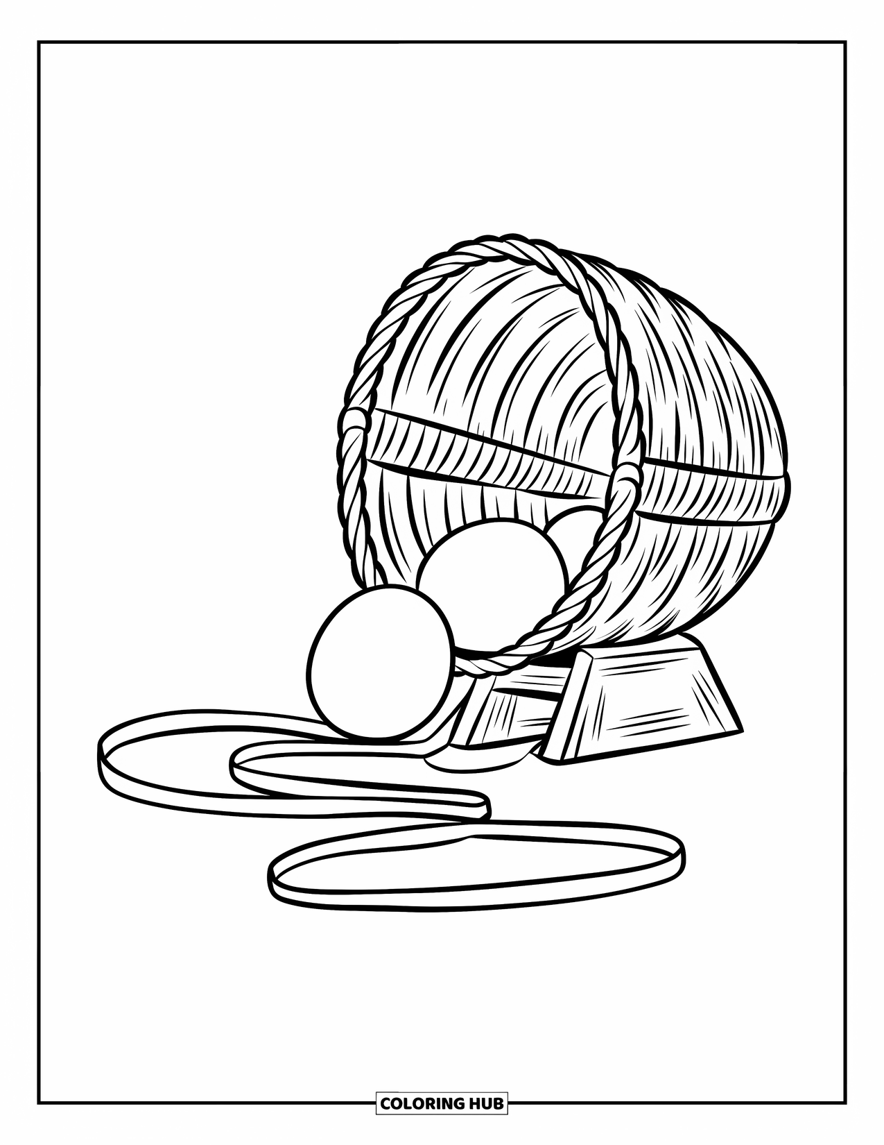 Easter Basket Coloring Page for Kids: A tilted basket spills one egg and a curling ribbon on a wooden stand