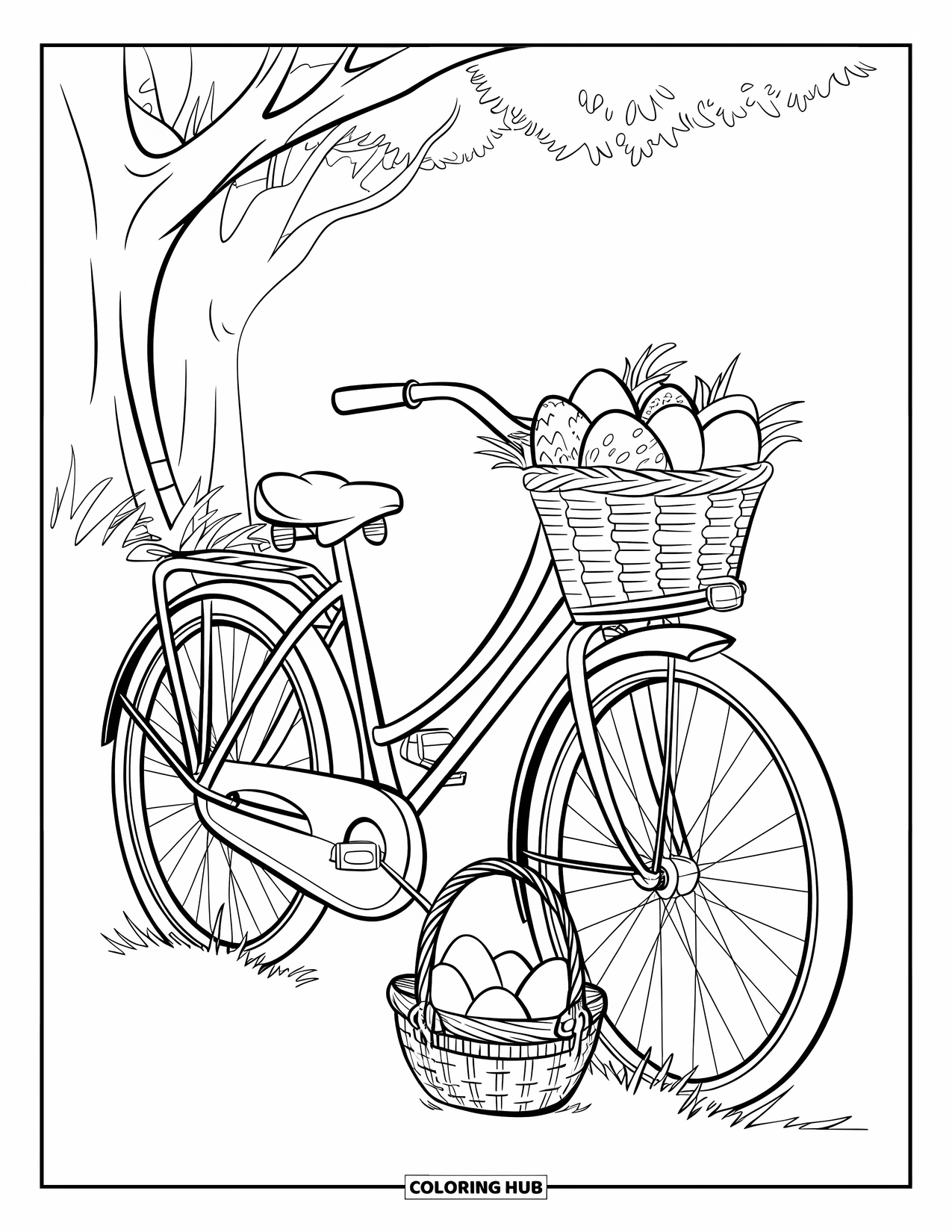 Easter Basket Coloring Page for Kids: A vintage bicycle under a tree carries eggs in its front basket