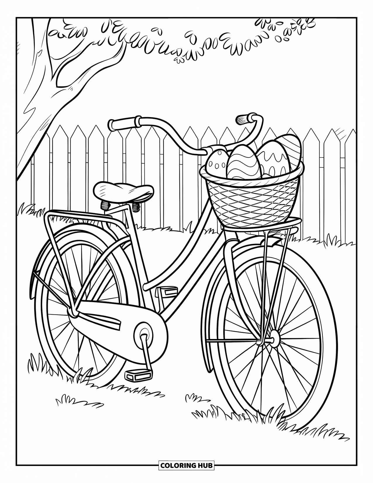 Easter Basket Coloring Page for Kids: A vintage bike with a basket of eggs rests by a white picket fence