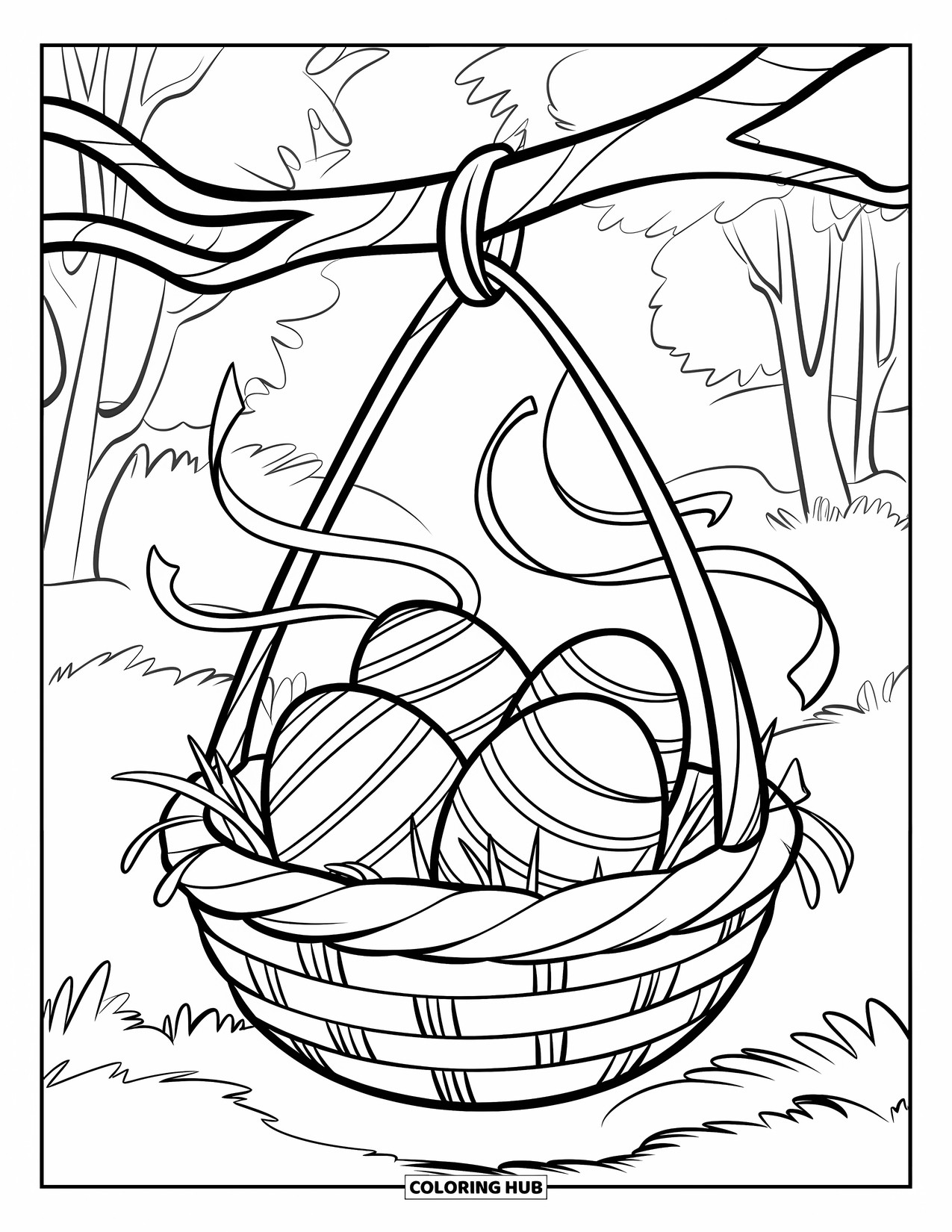 Easter Basket Coloring Page for Kids: An Easter basket hangs from a branch with patterned eggs and ribbons swaying