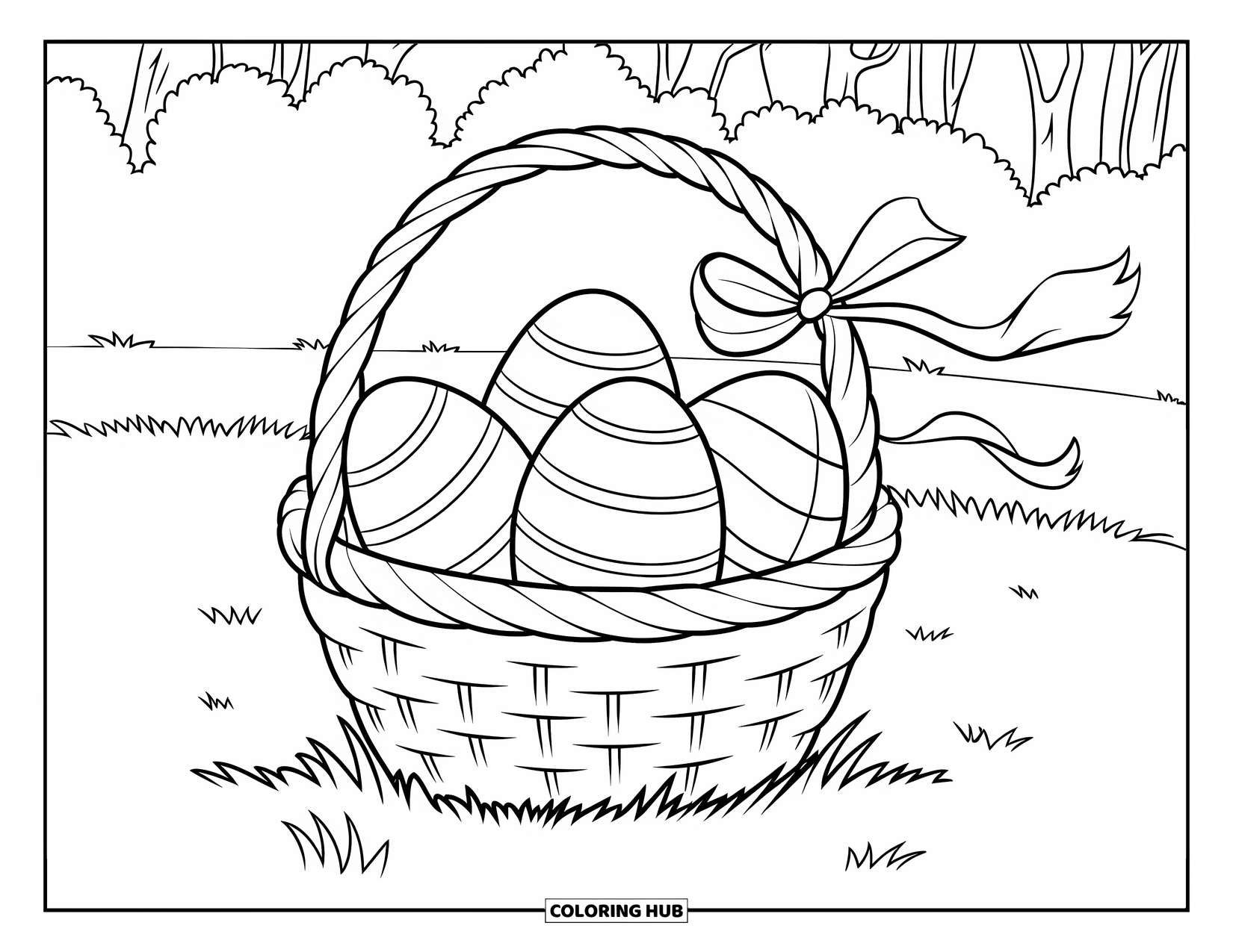 Easter Basket Coloring Page for Kids: An Easter basket in a grassy field with a ribbon carried by the wind