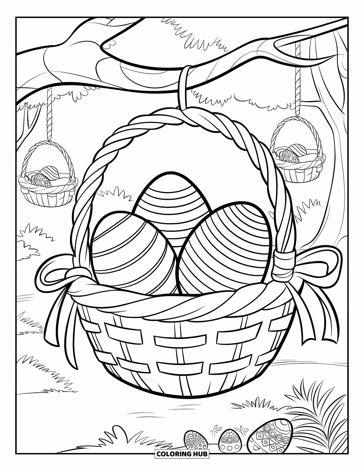 Easter Basket Coloring Page for Kids: Baskets of patterned eggs hang from branches in a lush forest