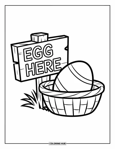 Omalovánka velikonočního košíku pro děti: Vedle dřevěné cedule "Eggs Here" odpočívá malý košík s pruhovaným vajíčkem