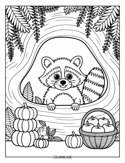 Coloriage d'animaux d'automne pour adultes : Un curieux raton laveur qui passe la tête par un tronc entouré de citrouilles et de trouvailles forestières