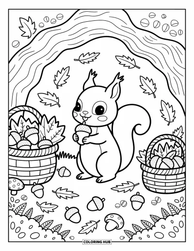 Coloriage d'animaux d'automne pour adultes : Un écureuil heureux qui serre un énorme gland avec des paniers et des trésors de la forêt