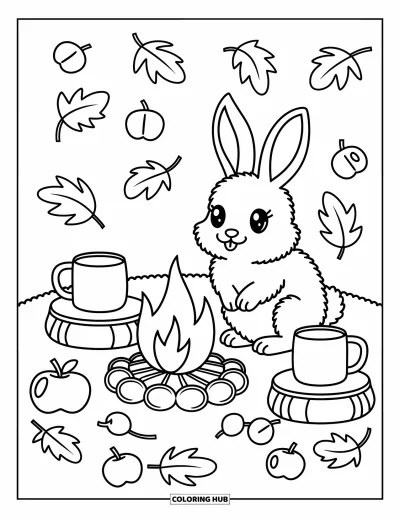 Coloriage d'animaux d'automne pour adultes : Un petit lapin qui se repose près d'un feu de camp avec des pommes, des tasses et des châtaignes