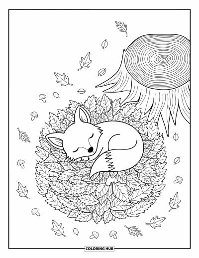 Coloriage d'animaux d'automne pour adultes : Un petit renard qui fait paisiblement la sieste dans un tas de feuilles avec des champignons et des glands