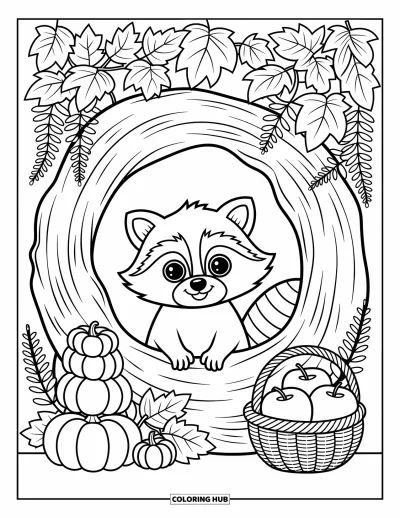 Coloriage d'animaux d'automne pour adultes : Un adorable raton laveur qui passe la tête par un tronc confortable avec des citrouilles et un panier de pommes