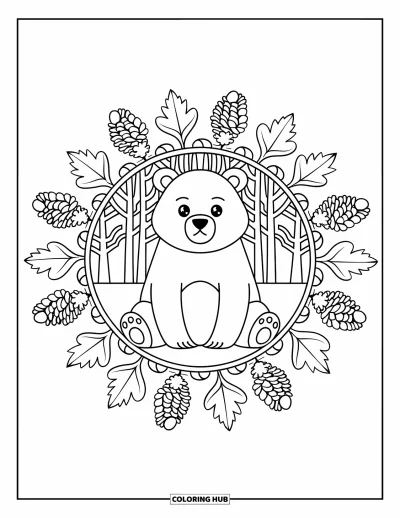Coloriage d'animaux d'automne pour adultes : Un ours assis paisiblement dans un mandala de pommes de pin et de feuilles de chêne
