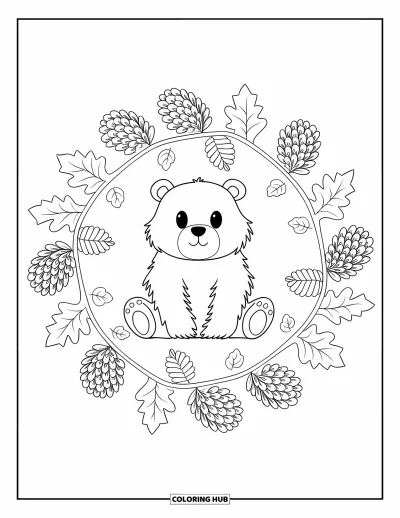 Coloriage d'animaux d'automne pour adultes : Un ours immobile entouré d'un mandala botanique avec des pommes de pin et des feuilles