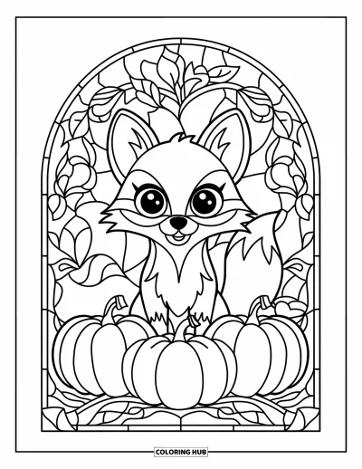 Coloriage d'animaux d'automne pour adultes : Un renard aux grands yeux posé dans un cadre de citrouilles et de feuilles d'automne en style vitrail