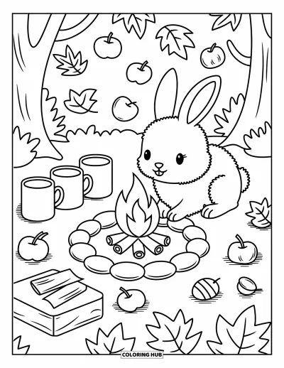 Coloriage d'animaux d'automne pour adultes : Un lapin assis tranquillement près d'un feu de camp sur un sol forestier couvert de feuilles