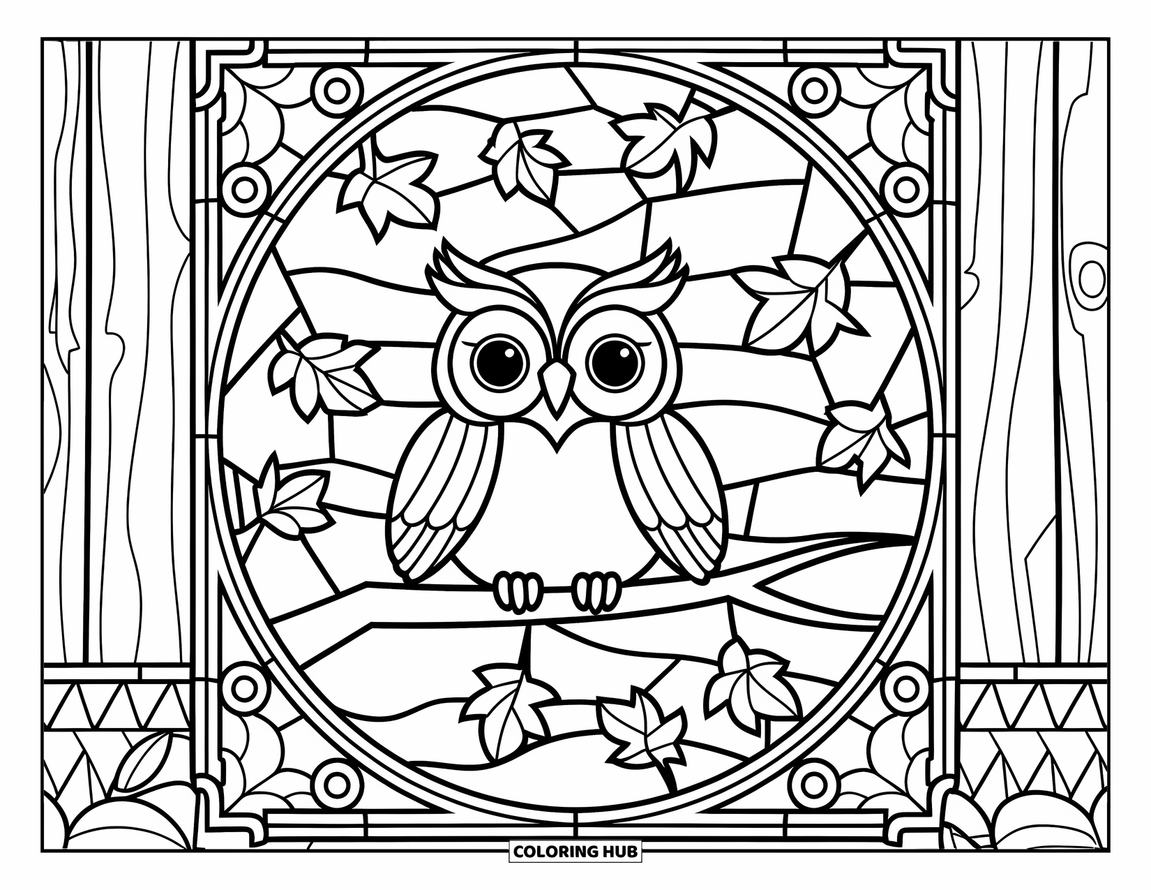 Fall Animal Coloring Page for Adults: Calm owl perches on a branch wrapped in stained glass swirls and leaves