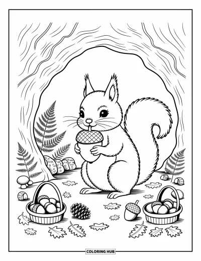 Coloriage d'animaux d'automne pour adultes : Un écureuil joyeux qui tient un grand gland près de champignons, de pommes de pin et de paniers feuillés