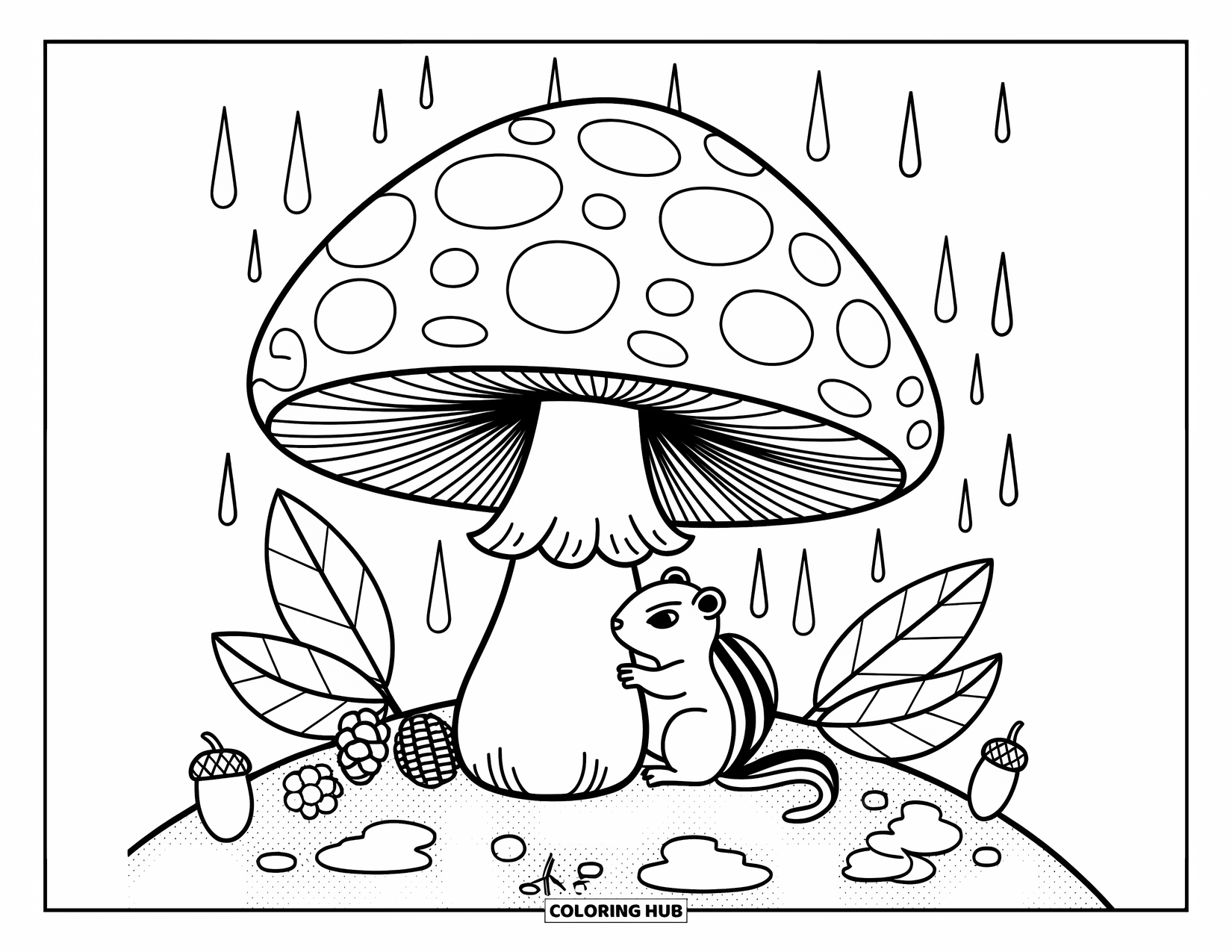 Fall Animal Coloring Page for Adults: Chipmunk curls under a mushroom as rain falls gently on leaves and pinecones