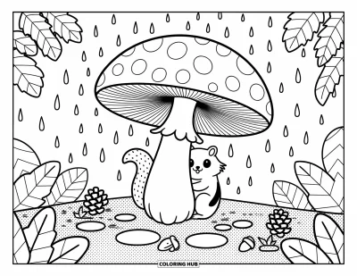Coloriage d'animaux d'automne pour adultes : Un tamia qui s'abrite sous un grand champignon tandis que des gouttes de pluie tombent sur le sol forestier