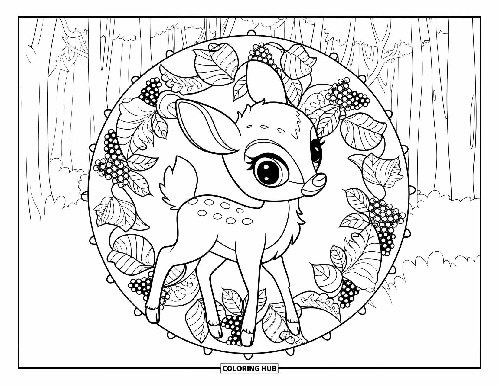 Fall Animal Coloring Page for Adults: Cozy deer with big eyes stands near trees inside a fall leaf and berry mandala