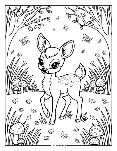 Coloriage d'animaux d'automne pour adultes : Un cerf qui explore une prairie pleine de champignons, d'herbes ondulantes et de feuilles en vol