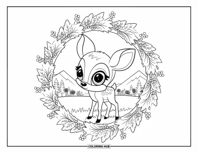 Coloriage d'animaux d'automne pour adultes : Un cerf serein dans un champ encadré d'un mandala de feuilles et de baies d'automne