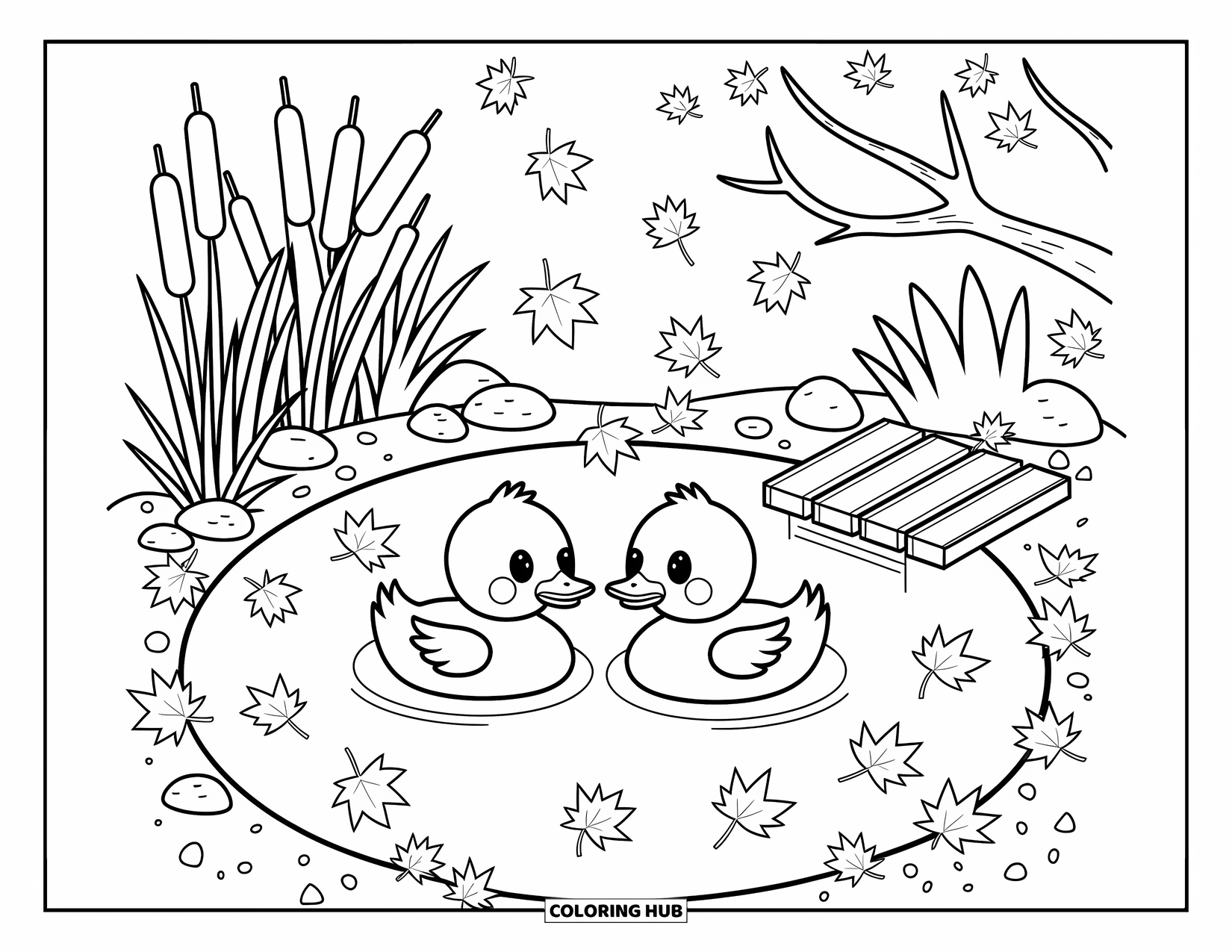 Fall Animal Coloring Page for Adults: Ducklings paddle through a leaf-filled forest pond near a wooden dock
