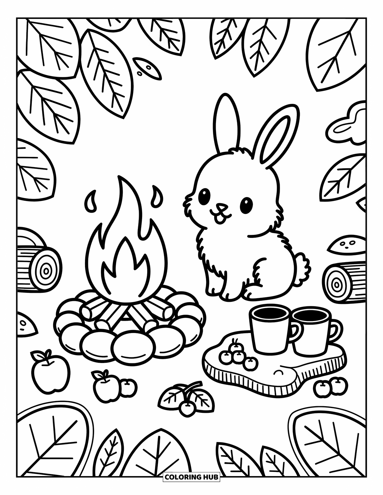 Fall Animal Coloring Page for Adults: Fluffy bunny sits beside a campfire with mugs, apples, and chestnuts