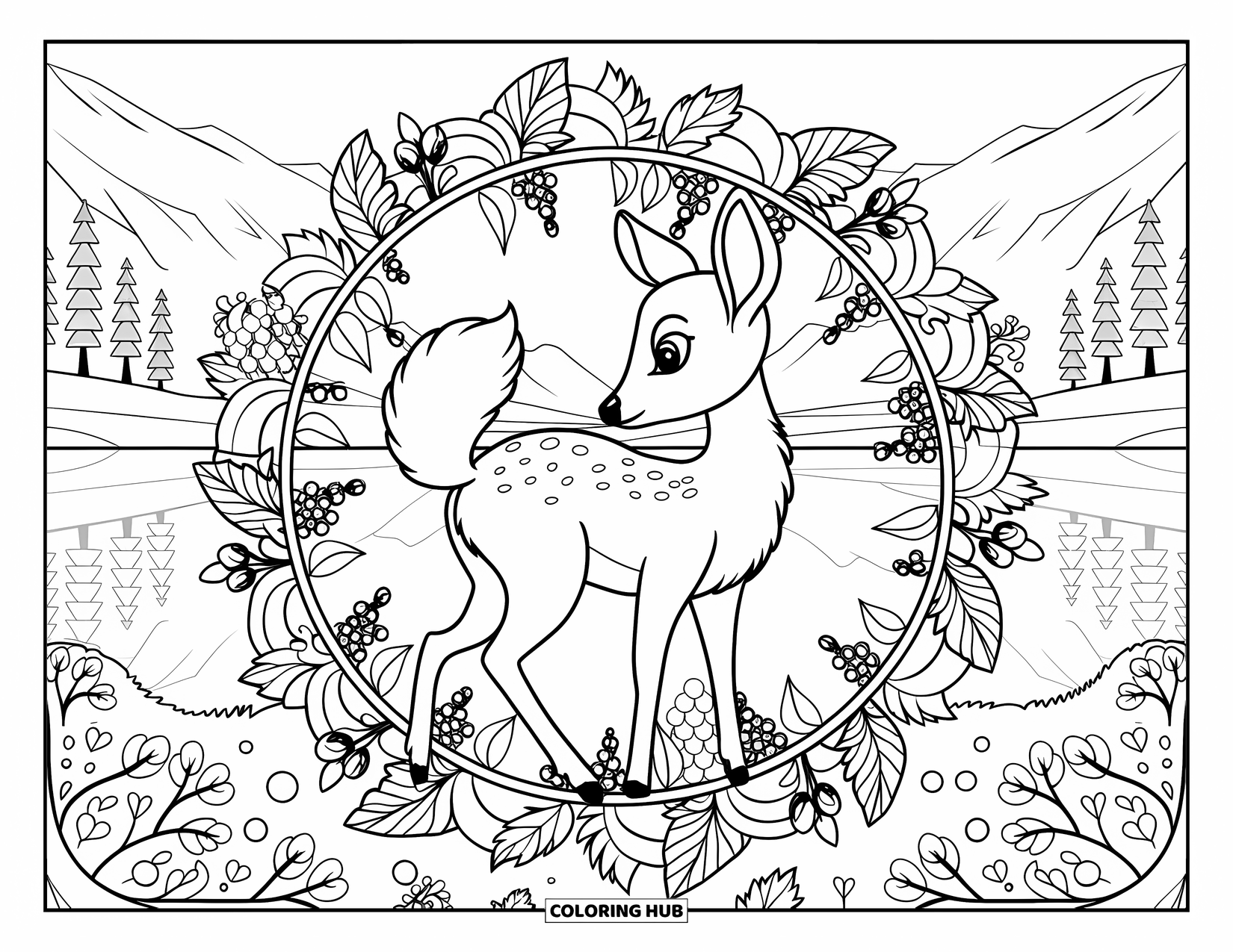 Fall Animal Coloring Page for Adults: Fluffy-tailed deer stands in a calm forest inside a leafy mandala with berries