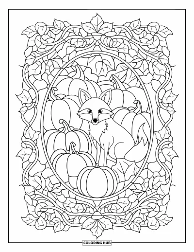 Coloriage d'animaux d'automne pour adultes : Un renard encadré de vignes tourbillonnantes et de citrouilles dans un vitrail
