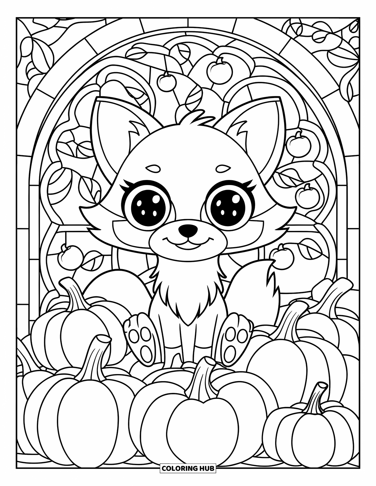 Fall Animal Coloring Page for Adults: Fox sits on a pile of pumpkins framed by swirling stained glass leaves