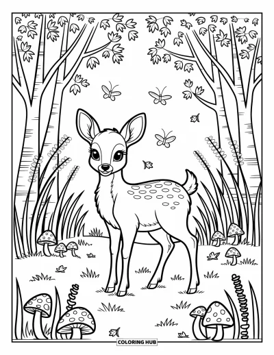 Coloriage d'animaux d'automne pour adultes : Un cerf paisible qui s'arrête dans une prairie tranquille avec de hautes herbes et des papillons