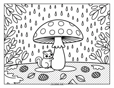 Coloriage d'animaux d'automne pour adultes : Un petit tamia à l'abri sous un chapeau de champignon lors d'une douce journée pluvieuse