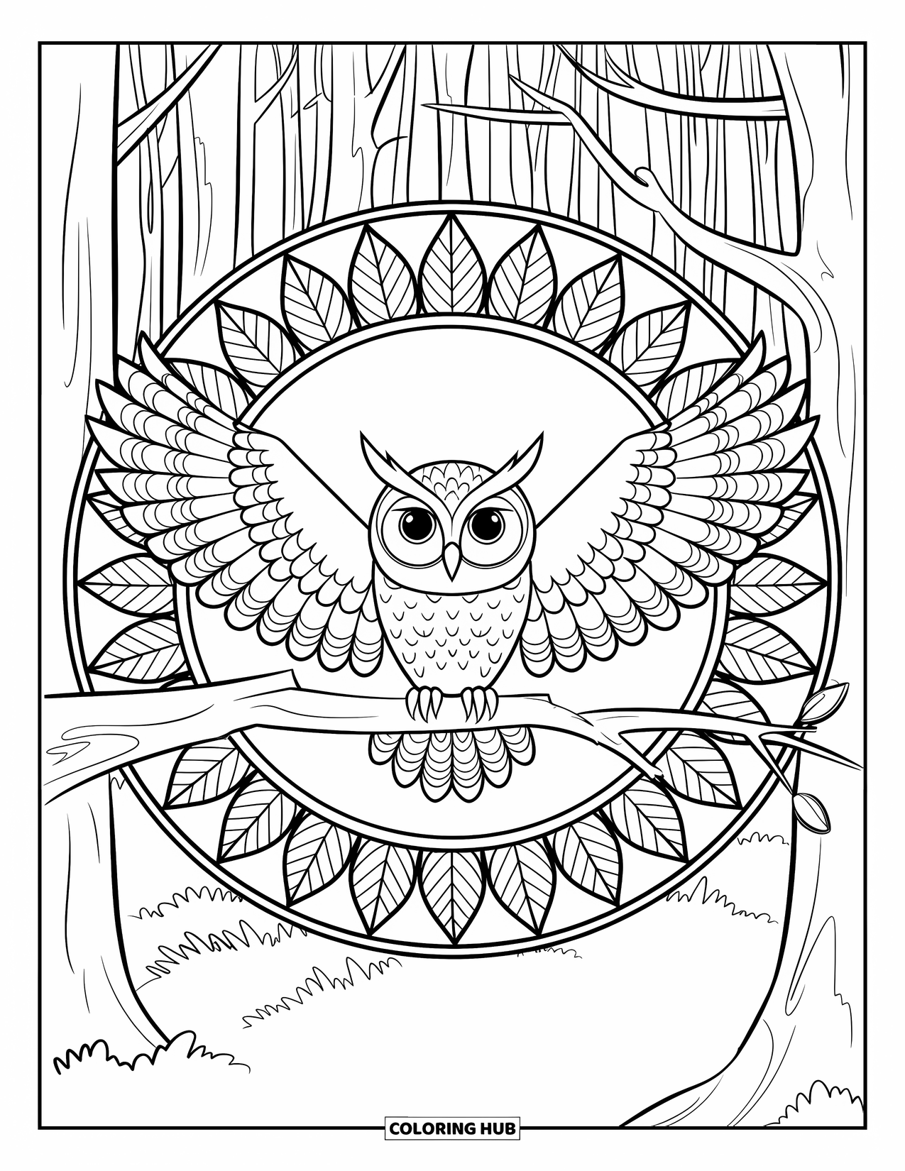 Fall Animal Coloring Page for Adults: Owl perches on a tree surrounded by a leafy fall mandala