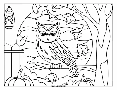 Coloriage d'animaux d'automne pour adultes : Une chouette sur une branche entourée de feuilles en vitrail avec une lanterne à proximité