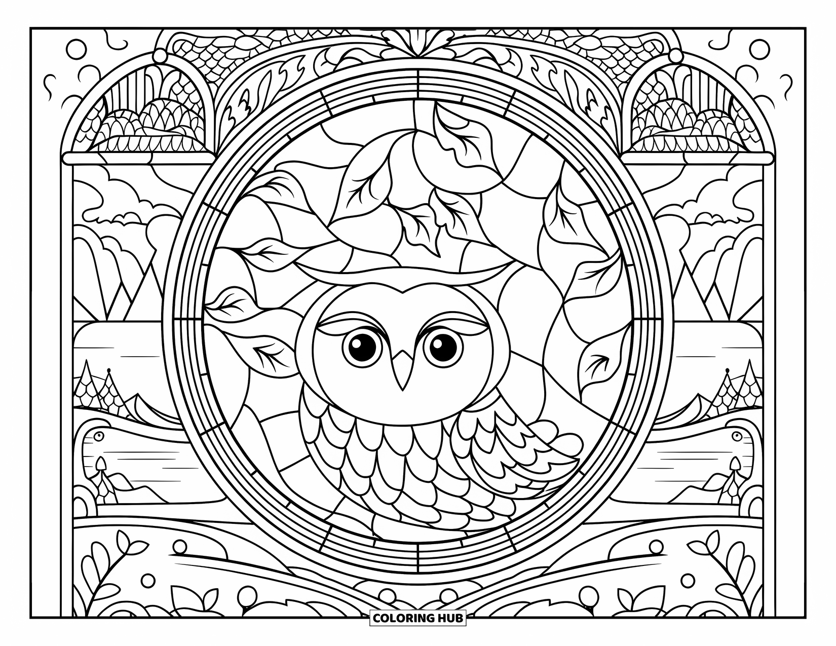 Fall Animal Coloring Page for Adults: Owl rests peacefully inside stained glass leaves near a mountain and forest view